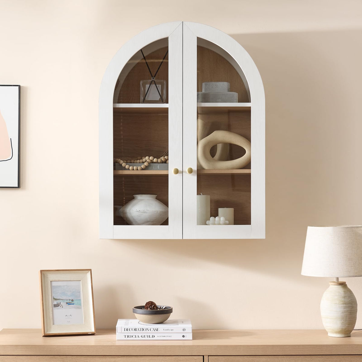 White Arched Wall Mount Bathroom Cabinet with Glass Doors S872323