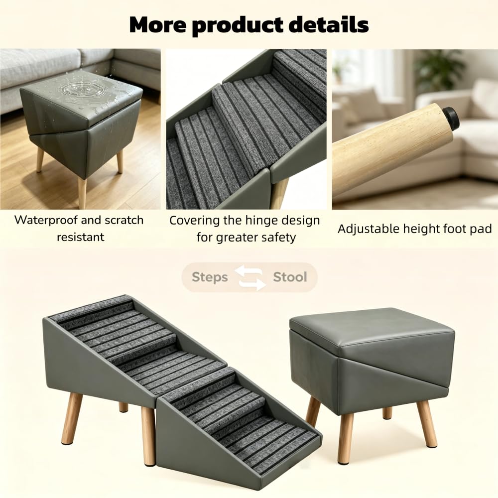 Foldable 2-in-1 Dog Stairs and Ramp 6 Pet Steps Gray T235