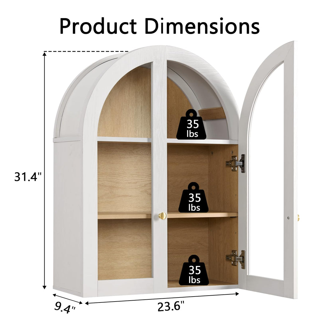 White Arched Wall Mount Bathroom Cabinet with Glass Doors S872323