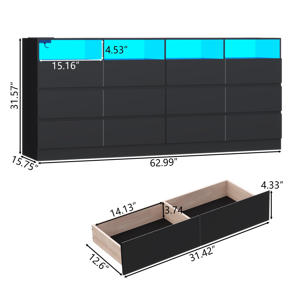 Black 12-Cell Divided Drawers Dresser with Charging Station Y5478