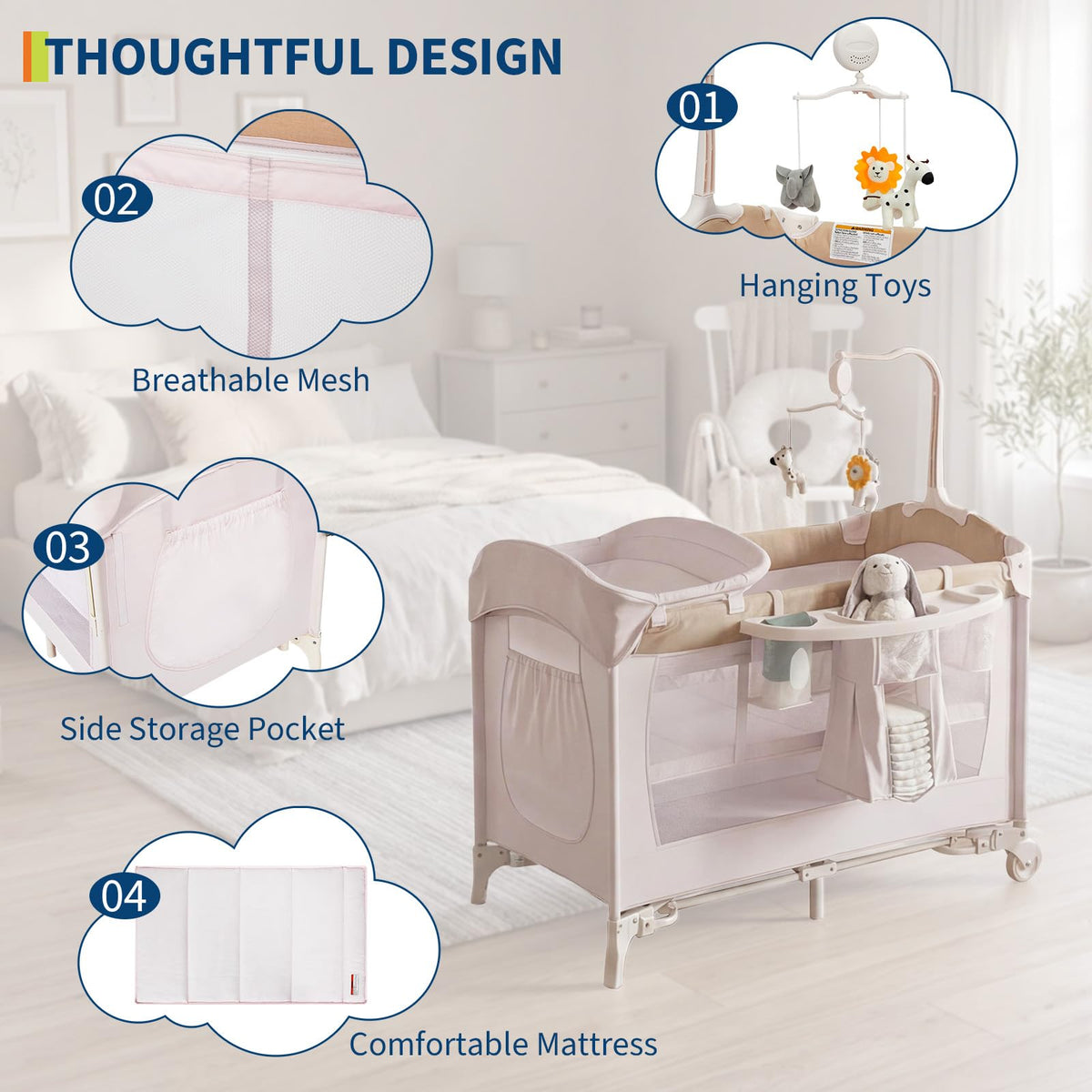 4 in 1 Pack and Play with Bassinet, Changing Table, Playpen and Carry Bag Y199228