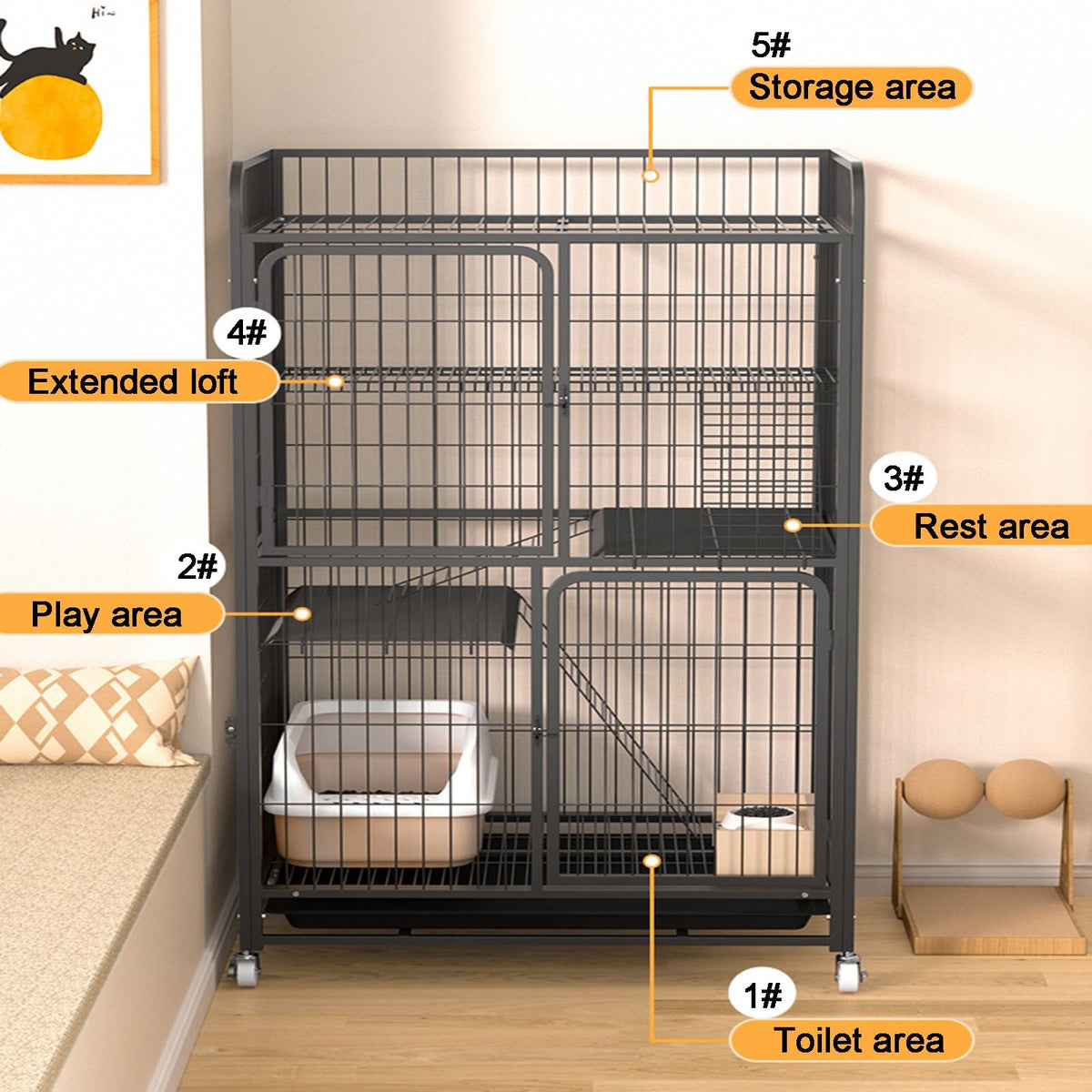 4 Tiers Metal Wire Cat Cage with Wheels A914