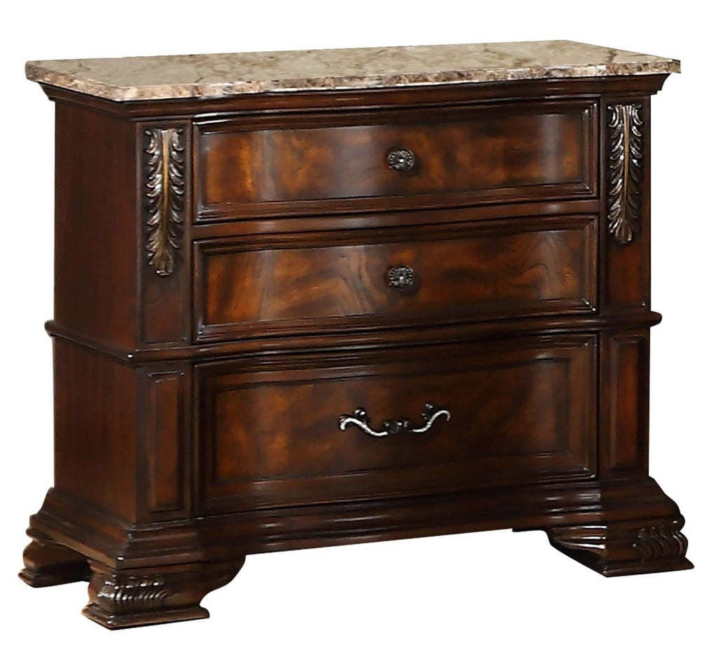 Cherry Wooden 3 Drawer Nightstand with Marble Top W4621