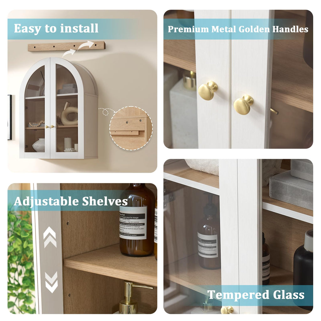 White Arched Wall Mount Bathroom Cabinet with Glass Doors S872323