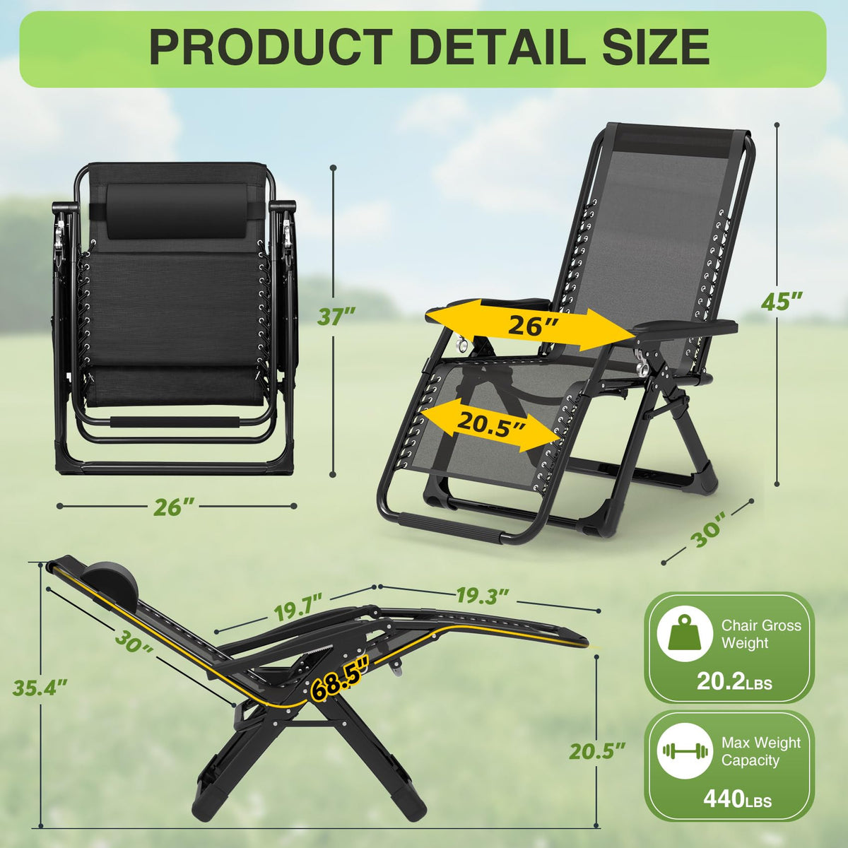 Zero Gravity Reclining Camping Chair Set of 2 with Cushion I671