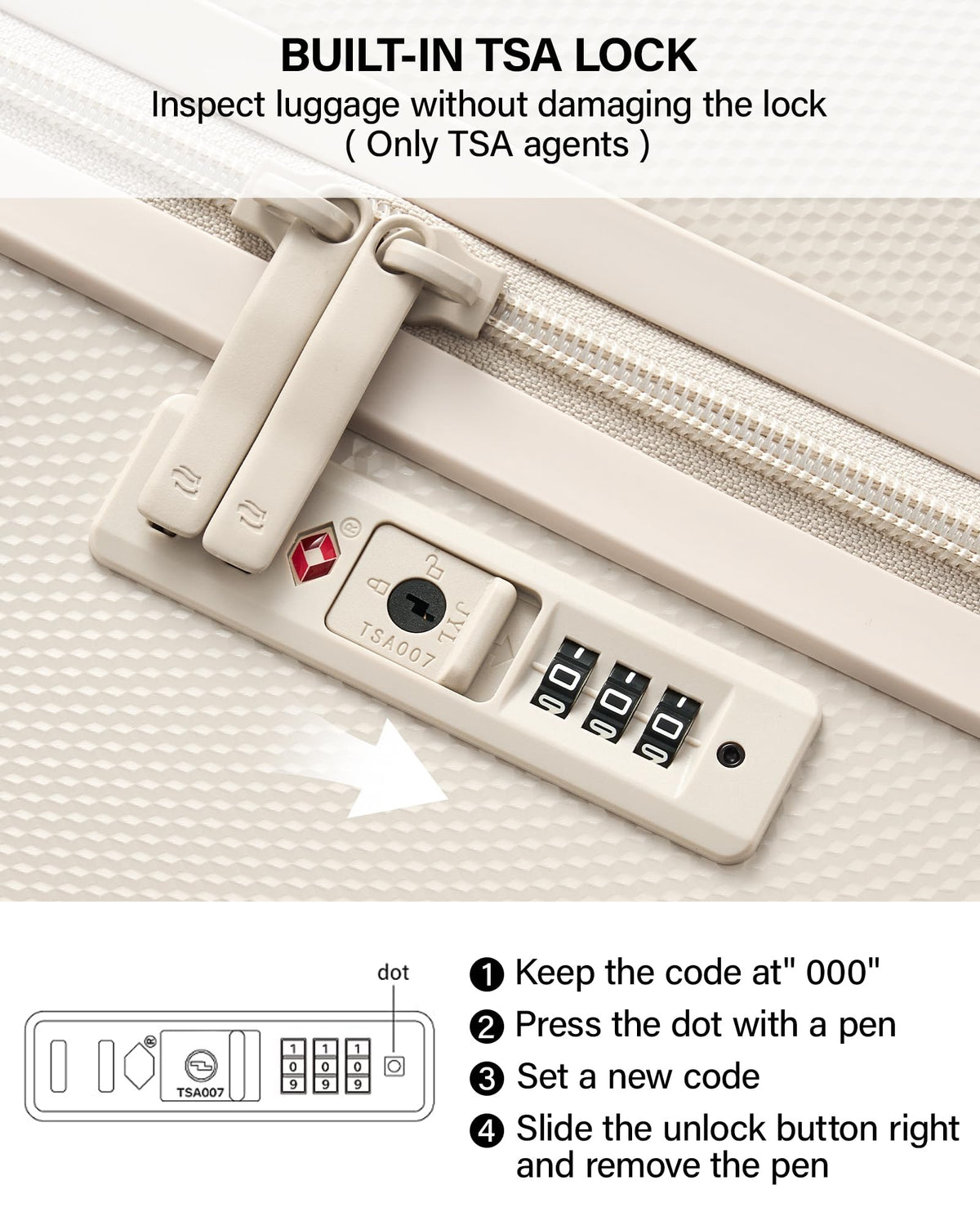 20 Inch PC Hard Shell Carry On Luggage with Wheels, TSA Lock, Ivory White Q428443