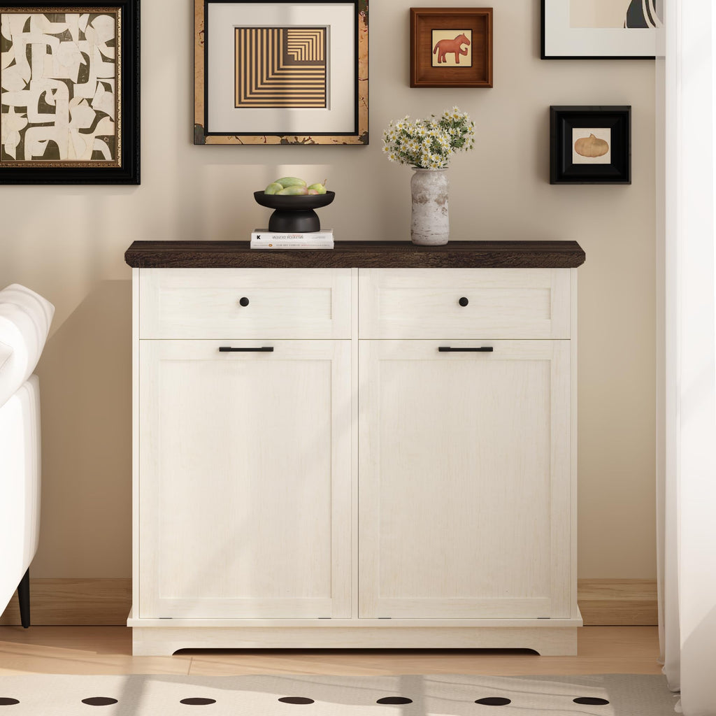 20 Gallon Double Tilt Out Wood Trash Can Cabinet with Drawer X214