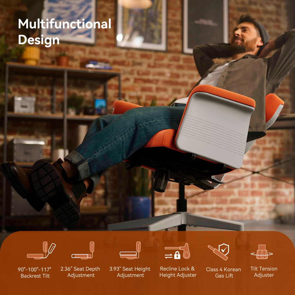 Orange Adjustable Ergonomic Office Chair with Desk Tray Q867