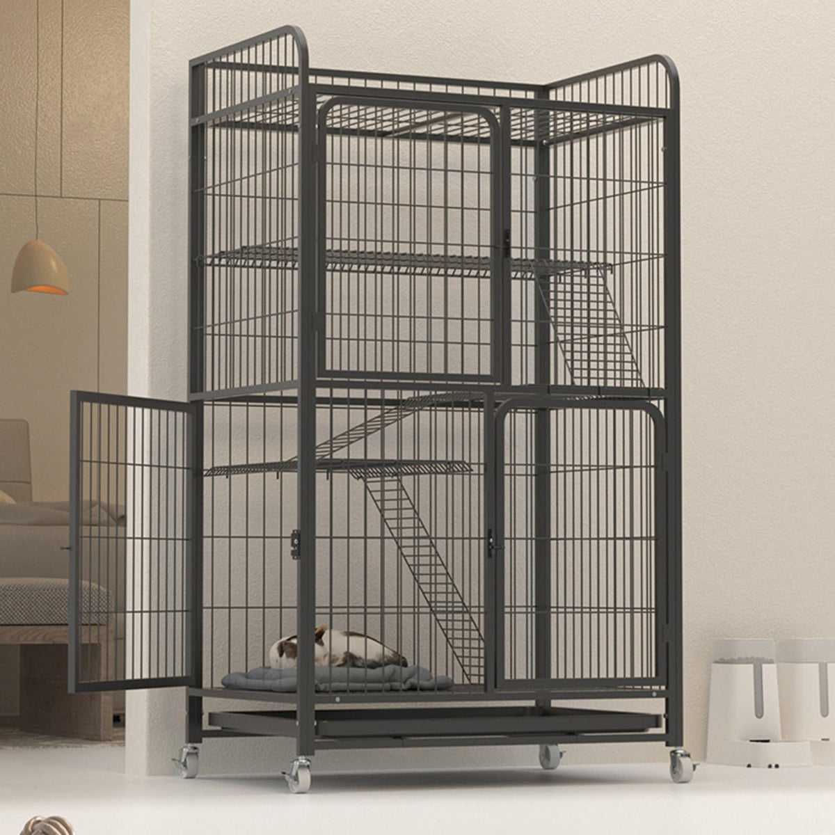 4 Tiers Metal Wire Cat Cage with Wheels A914