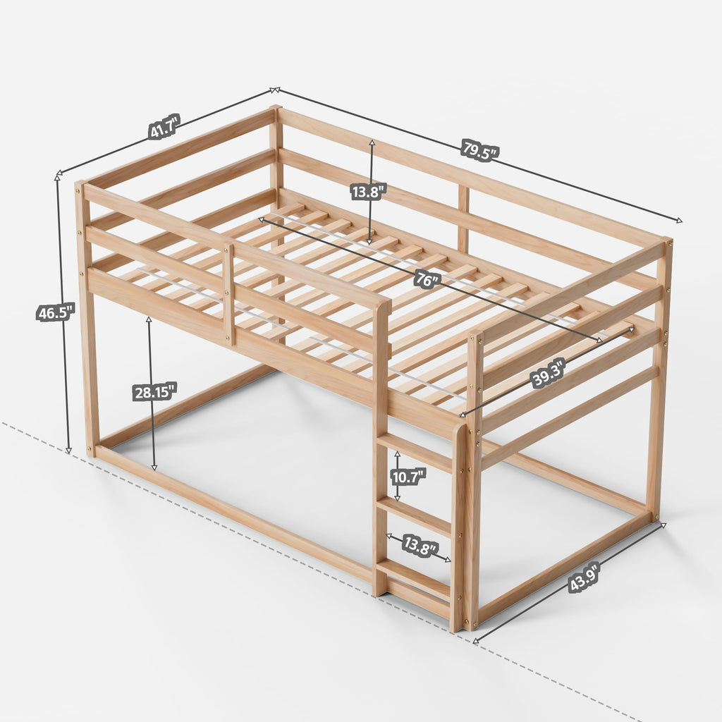 Twin Over Twin Low Bunk Bed with Ladder and Guardrails F621394