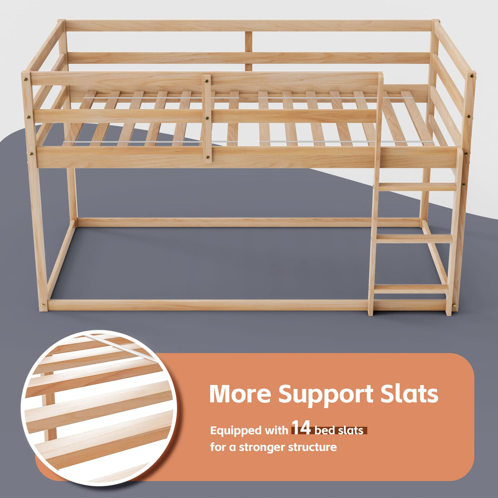 Twin Over Twin Low Bunk Bed with Ladder and Guardrails F621394