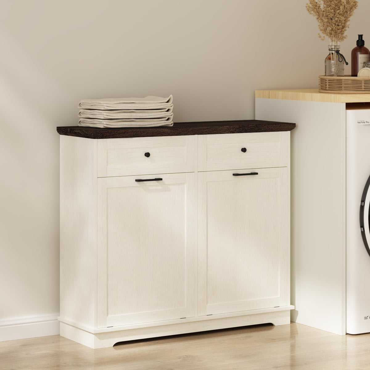 20 Gallon Double Tilt Out Wood Trash Can Cabinet with Drawer X214