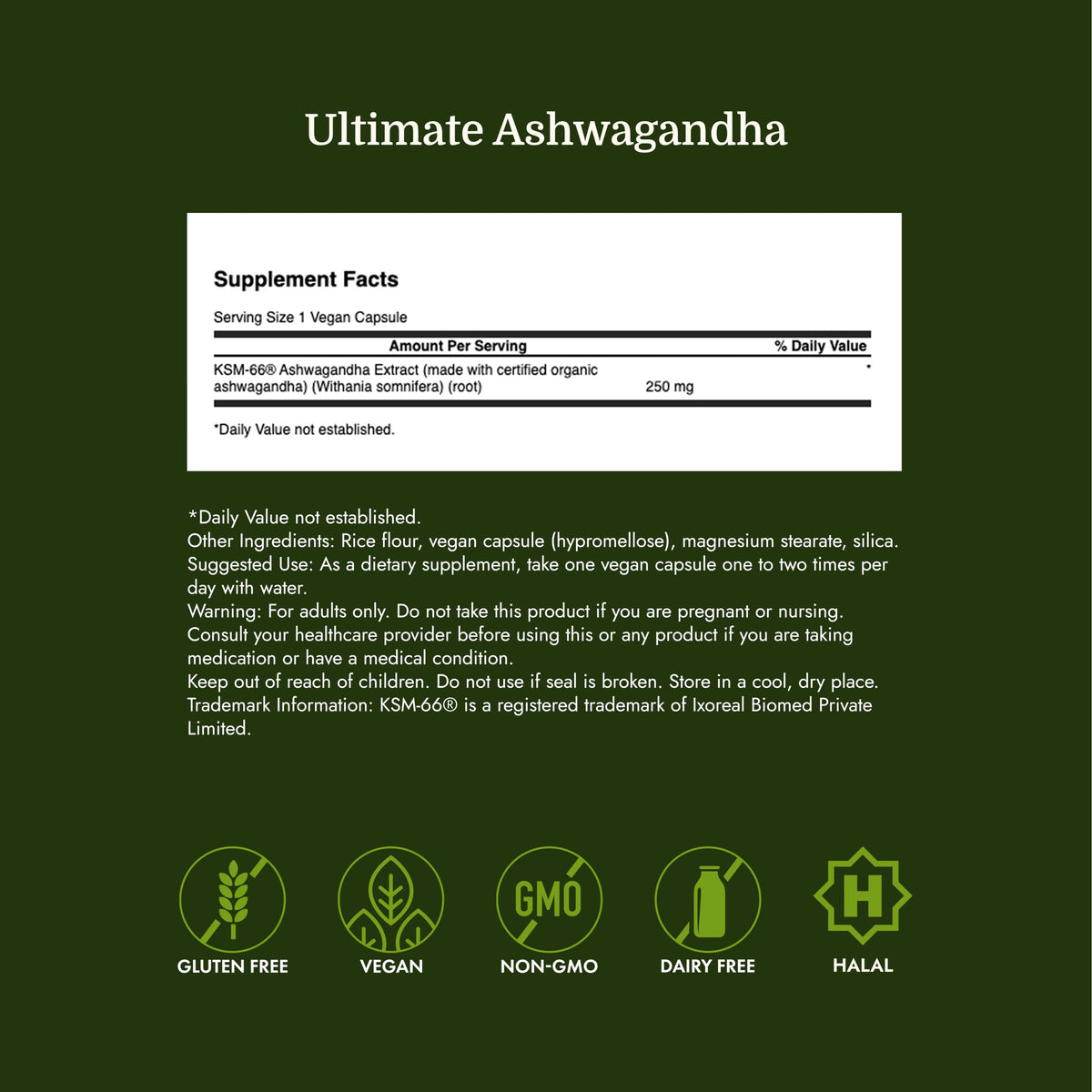 Ashwagandha 250 mg 60 Veggie Capsules Y108