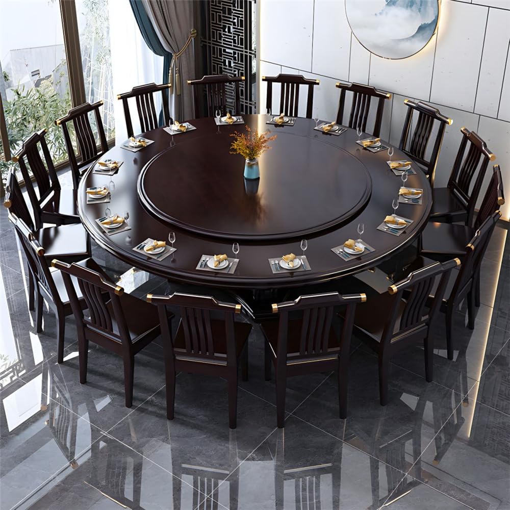 Black Round Solid Wood Dining Table with Lazy Susan U86490
