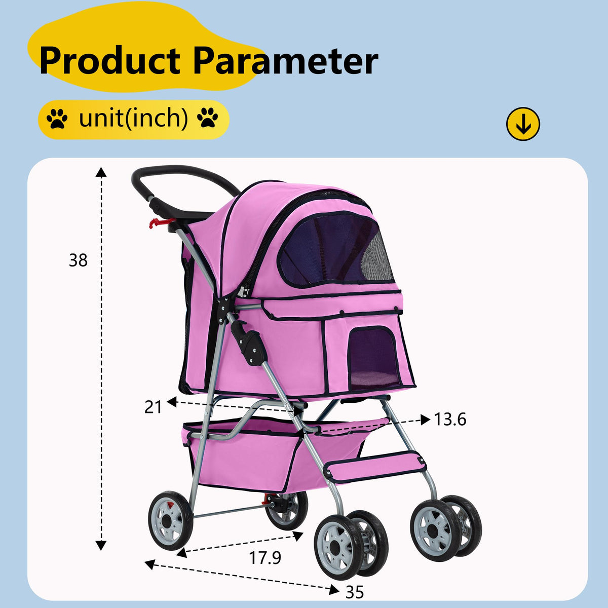 4-Wheel Foldable Pet Stroller Pink L360492