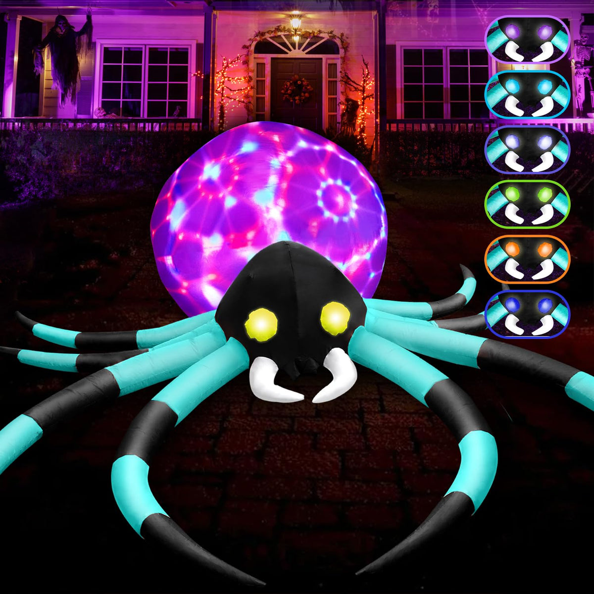 12Ft Halloween Inflatable Spider with 7-Color-Shifting Eyes T418