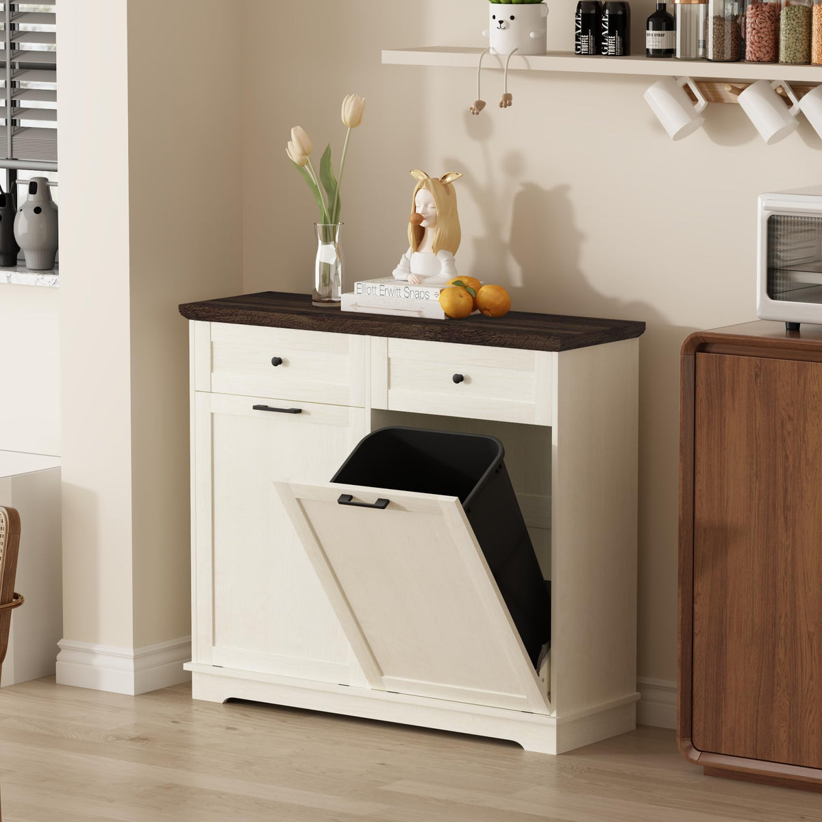 20 Gallon Double Tilt Out Wood Trash Can Cabinet with Drawer X214