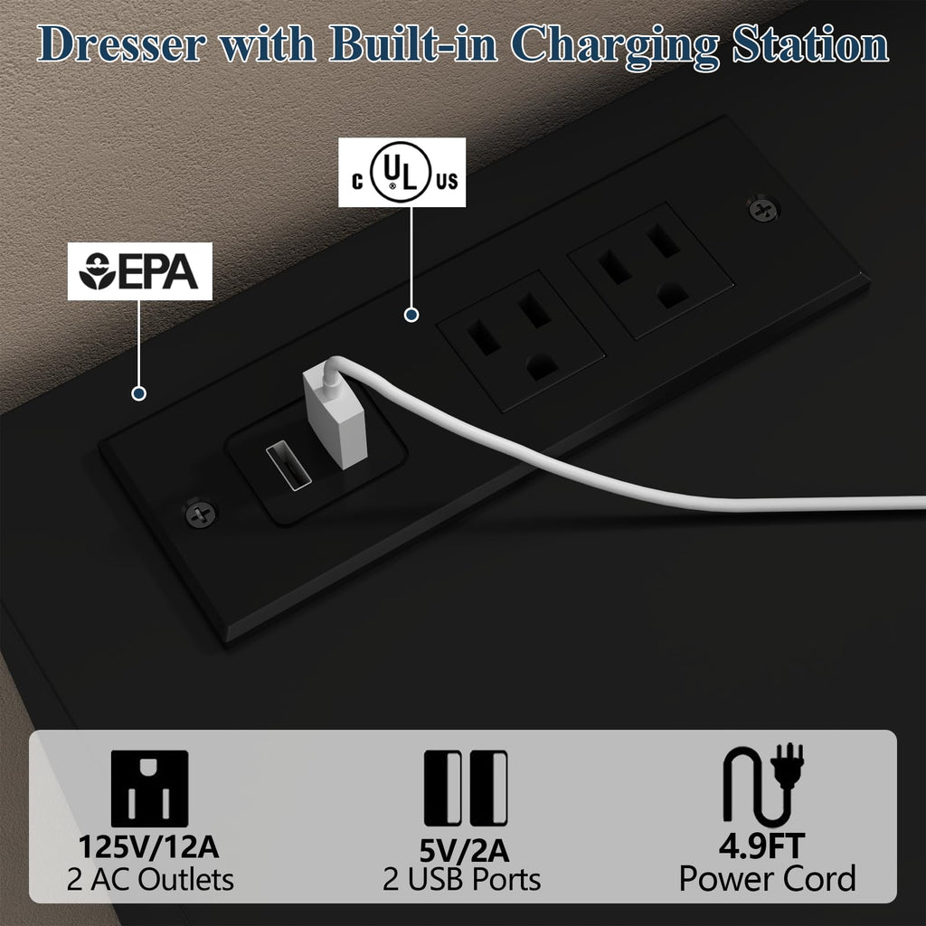 Black 12-Cell Divided Drawers Dresser with Charging Station Y5478