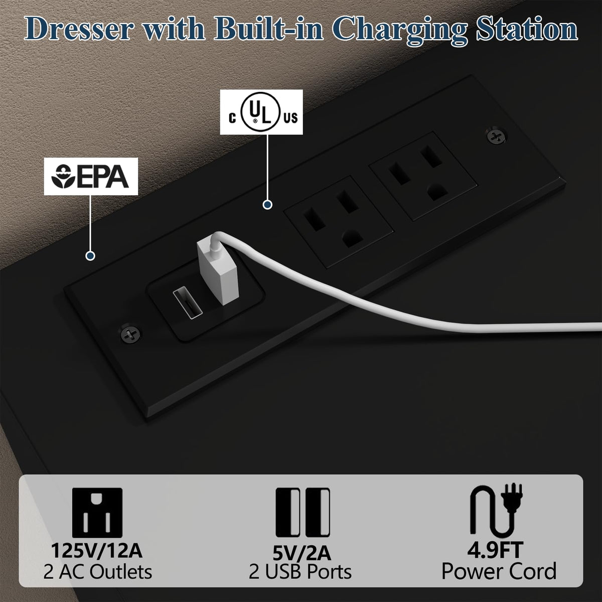 Black 12-Cell Divided Drawers Dresser with Charging Station Y5478