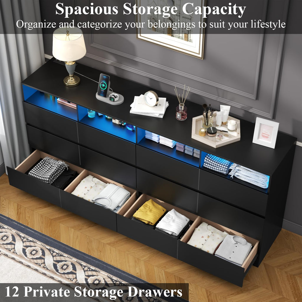 Black 12-Cell Divided Drawers Dresser with Charging Station Y5478