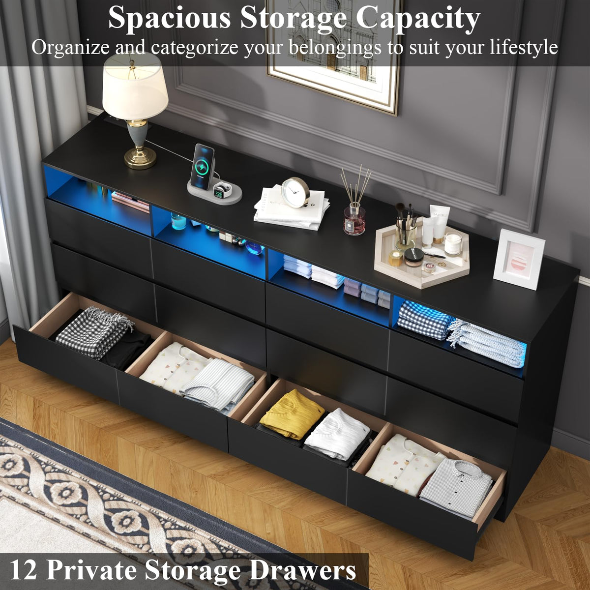 Black 12-Cell Divided Drawers Dresser with Charging Station Y5478