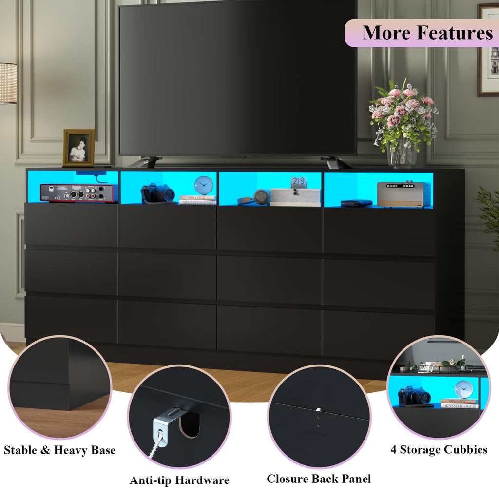 Black 12-Cell Divided Drawers Dresser with Charging Station Y5478