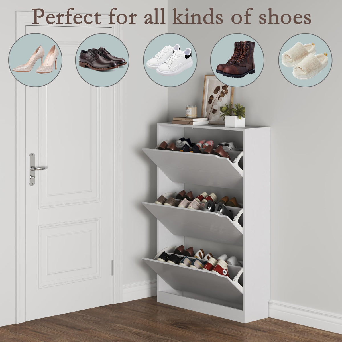 White 3 Flip Drawer Wood Shoe Cabinet T579