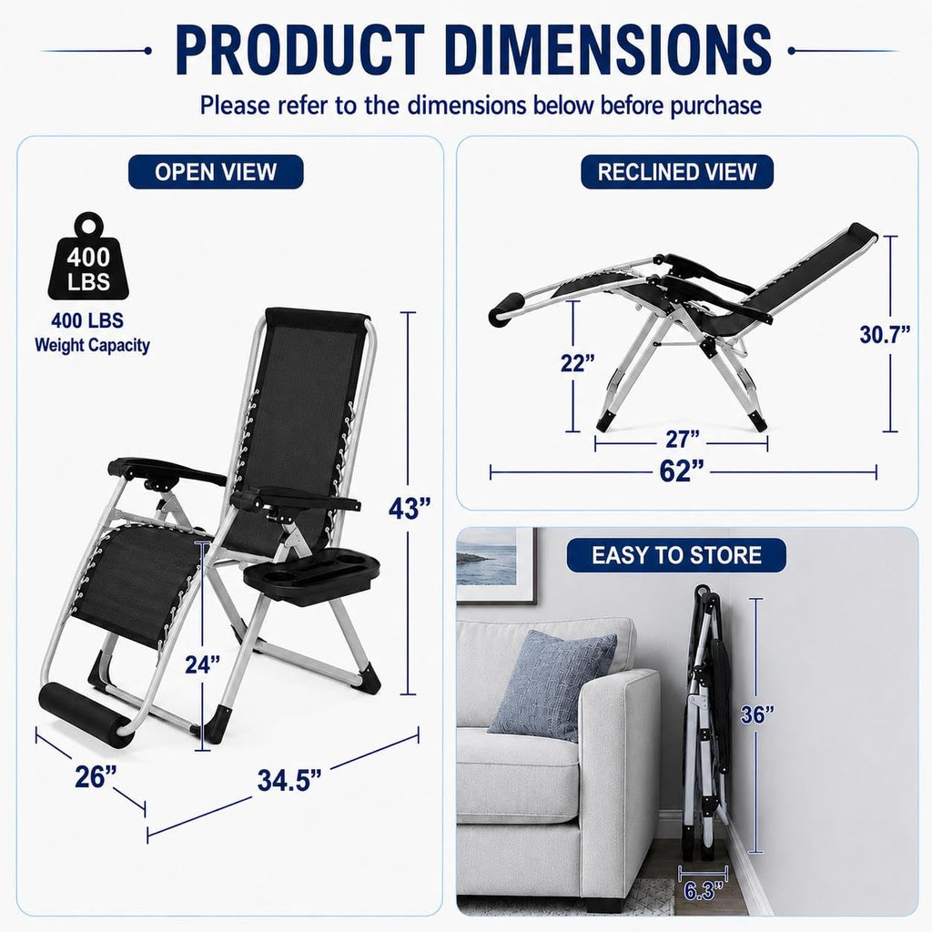 26" Gray Zero Gravity Chair with Removable Cushion F31733