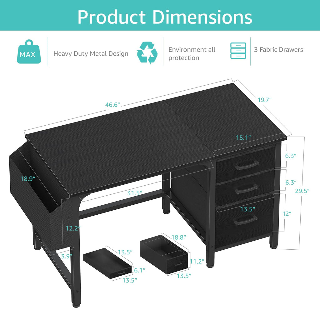 Black 47 Inch Computer Desk with File Drawers Cabinet W74789