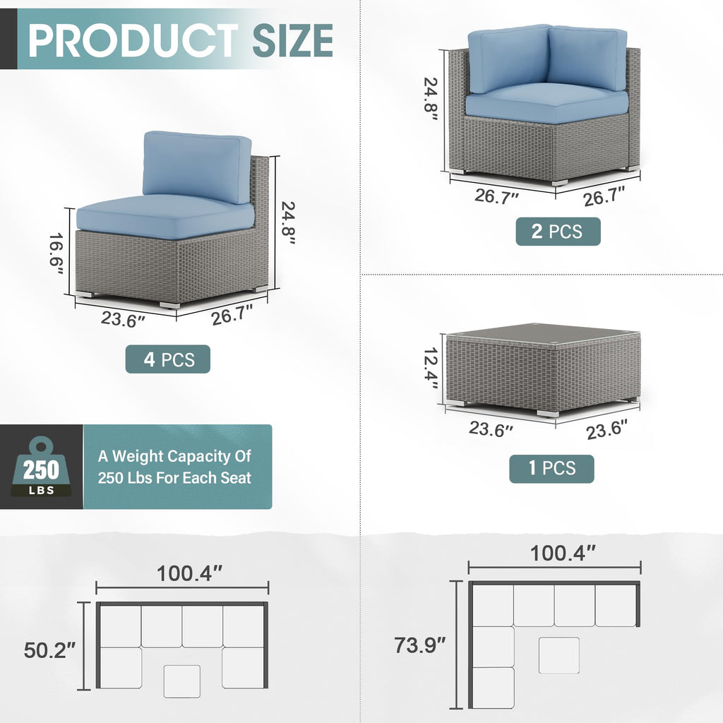 7 Piece Grey Wicker Rattan Patio Furniture Set with Glass Coffee Table F517751