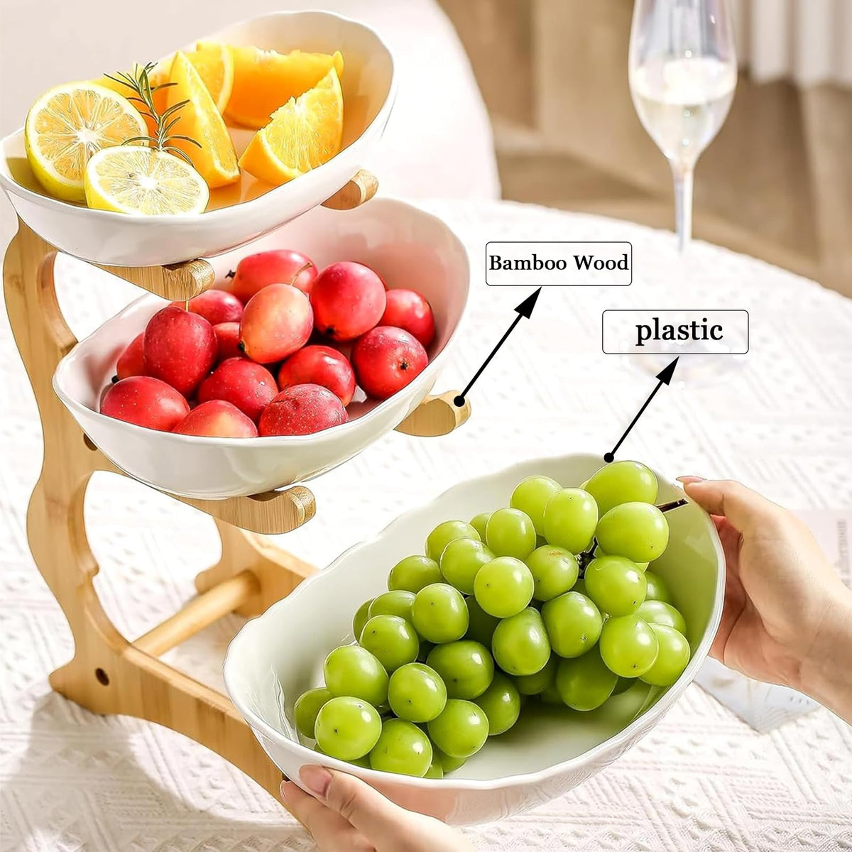 3-Tier Oval Fruit Basket with Bamboo Stand Q4607