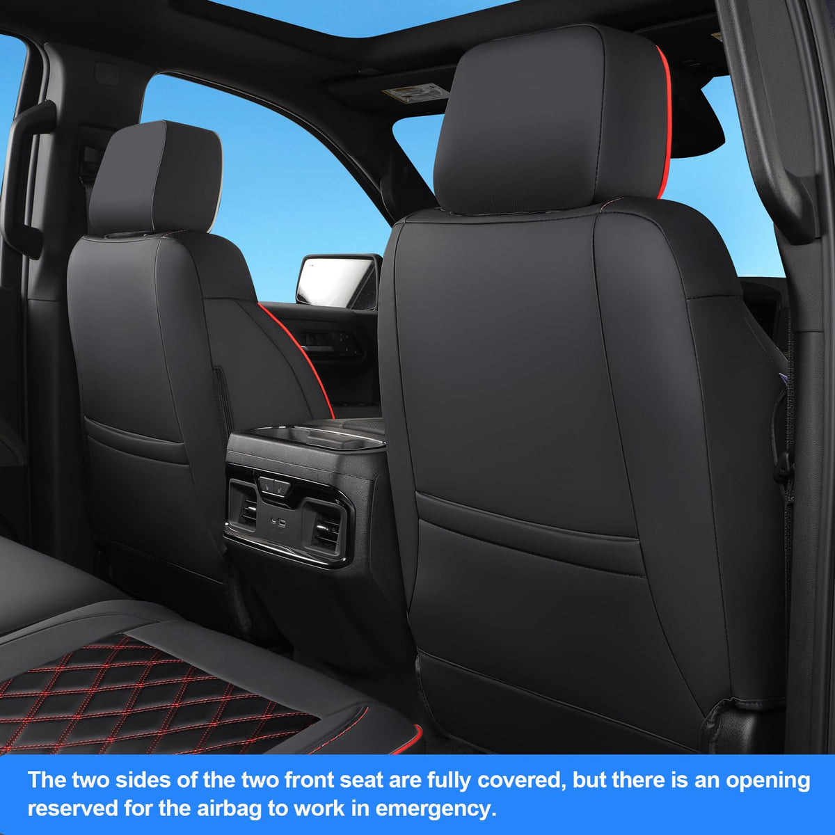 Faux Leather Seat Covers Full Set Black with Red Trim M55985