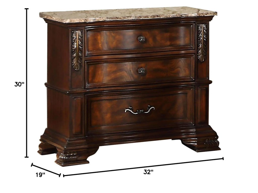 Cherry Wooden 3 Drawer Nightstand with Marble Top W4621