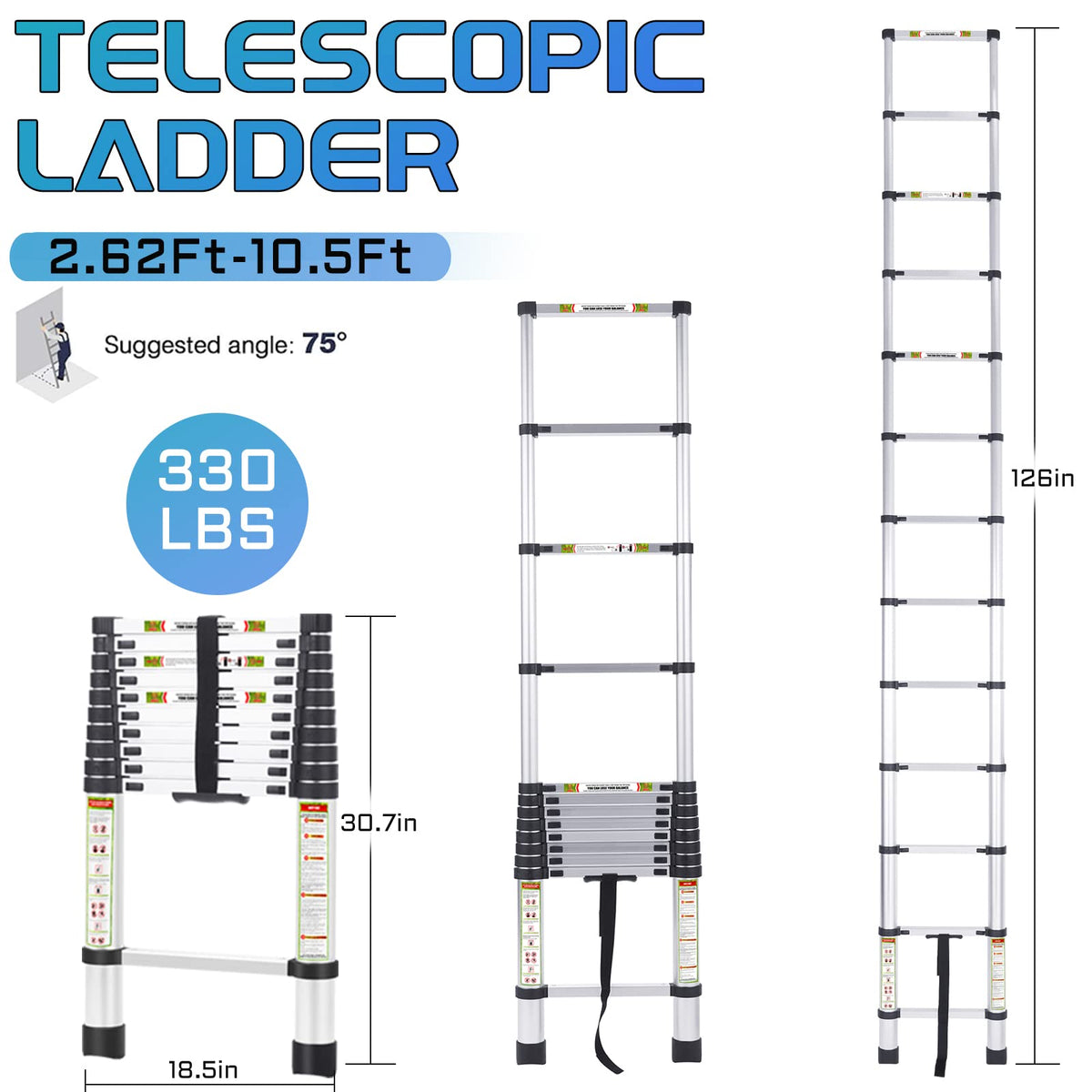 10.5 ft Aluminum Telescopic Ladder with Non-Slip Feet X645