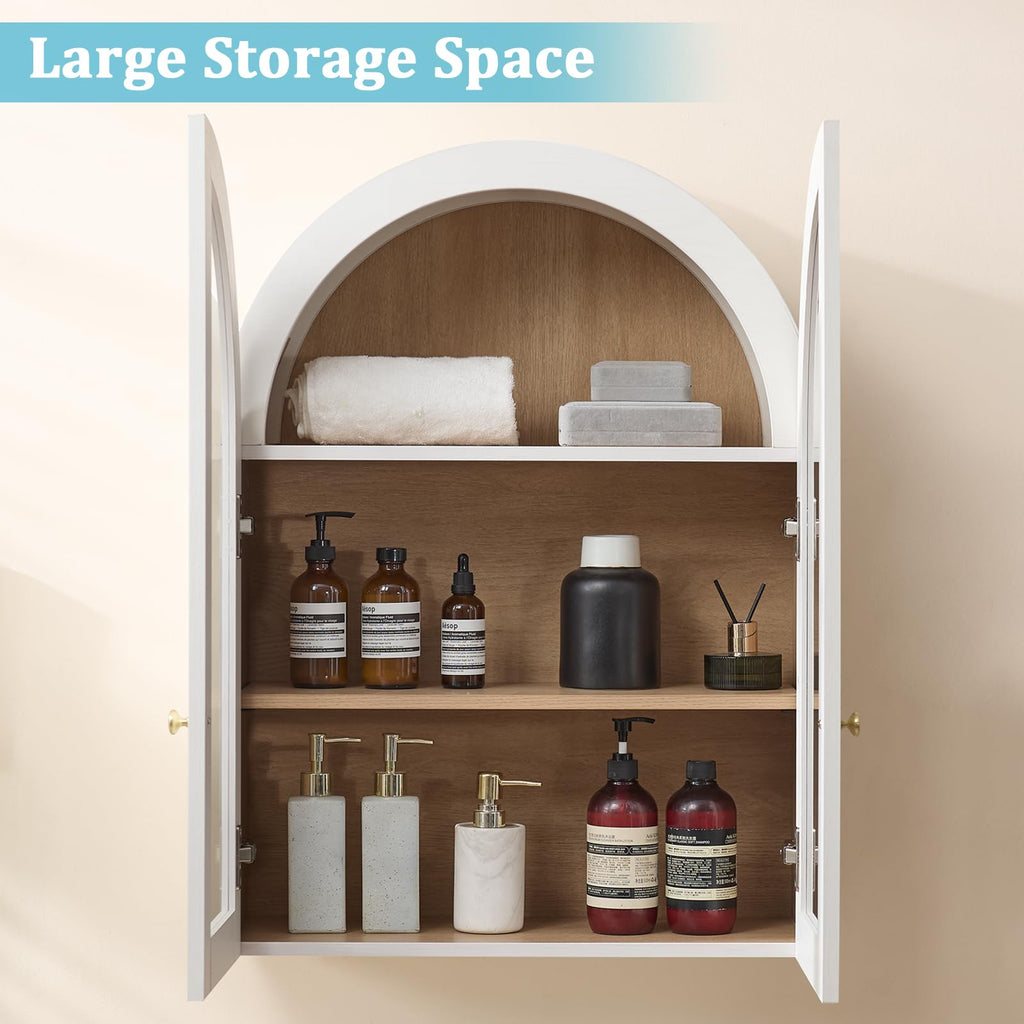 White Arched Wall Mount Bathroom Cabinet with Glass Doors S872323
