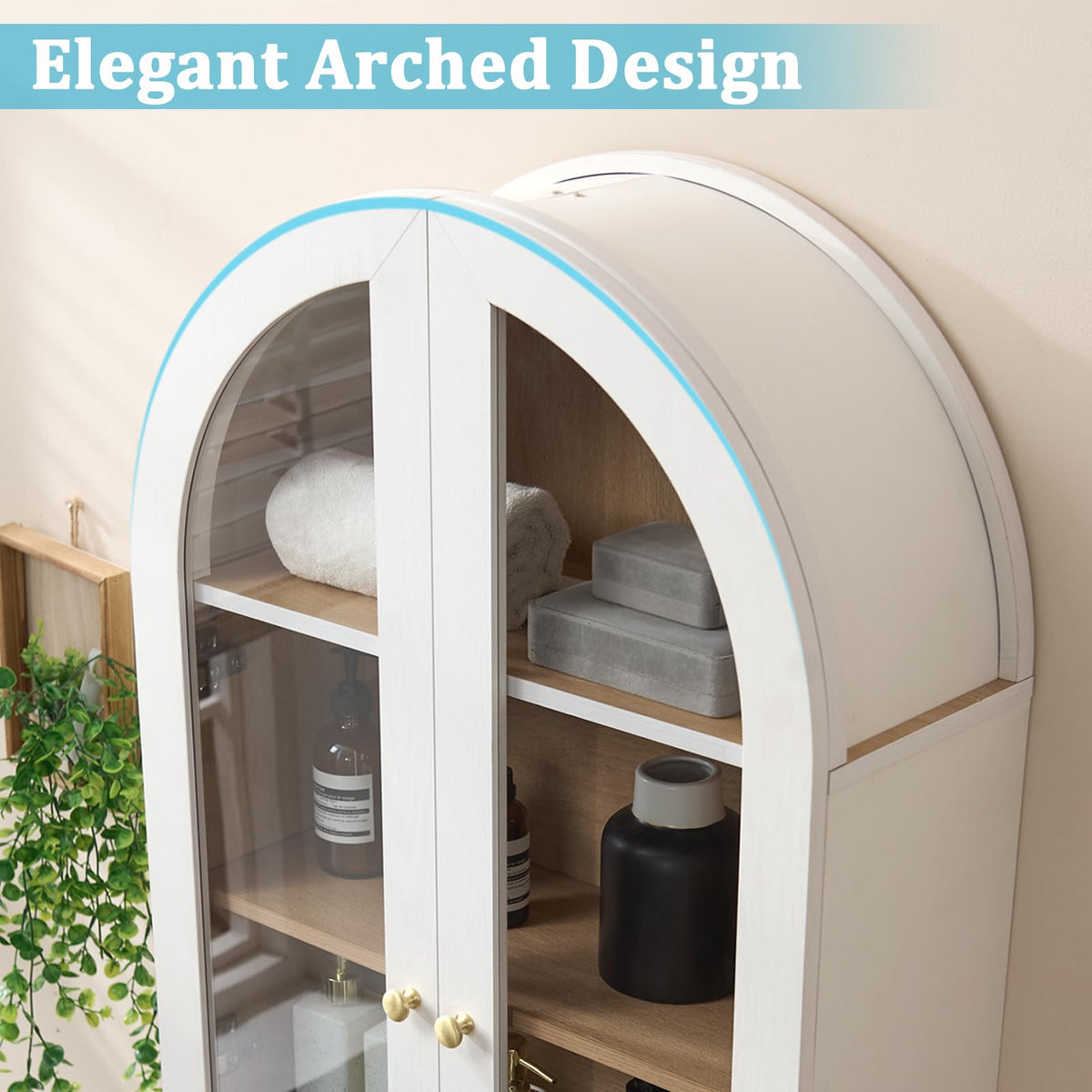 White Arched Wall Mount Bathroom Cabinet with Glass Doors S872323