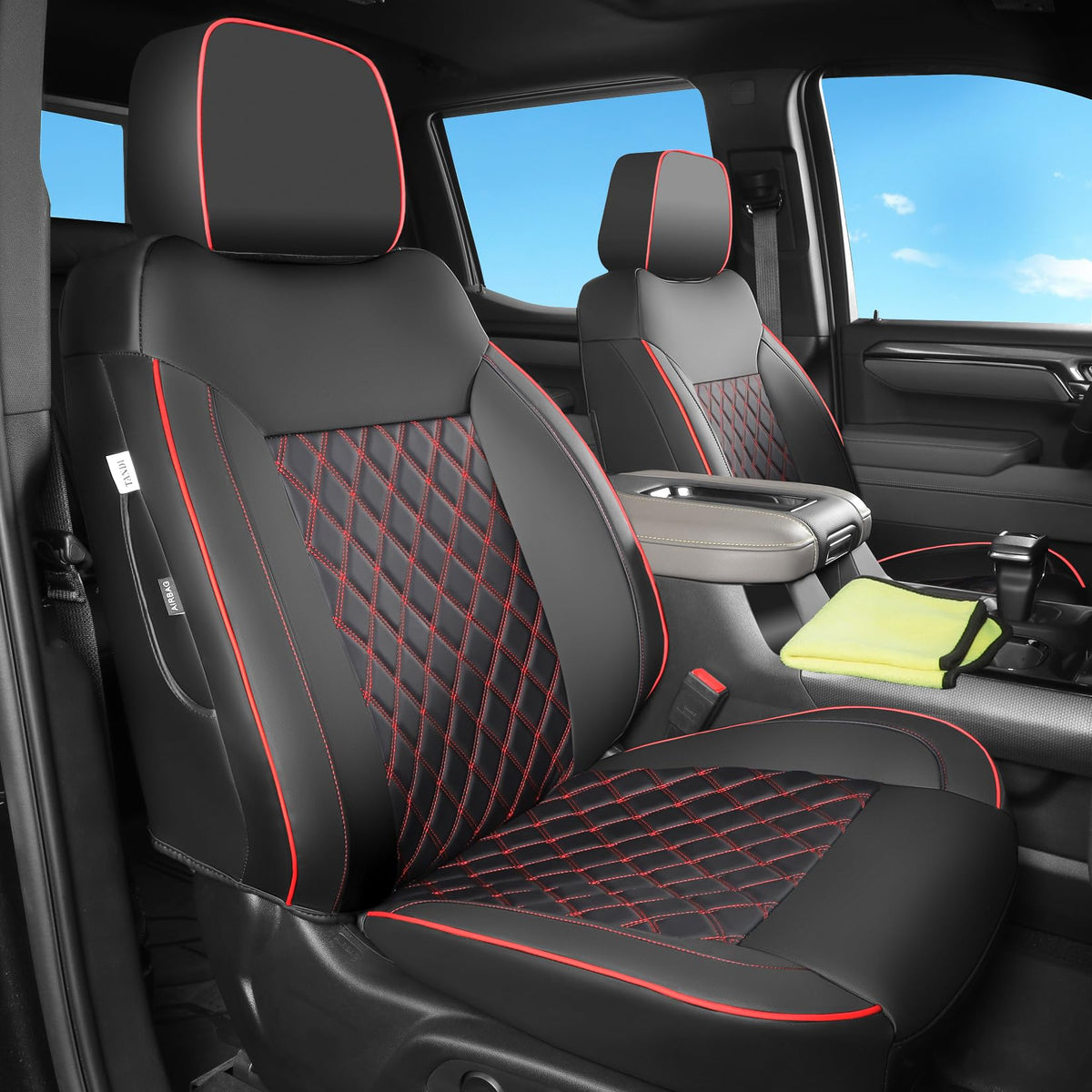 Faux Leather Seat Covers Full Set Black with Red Trim M55985