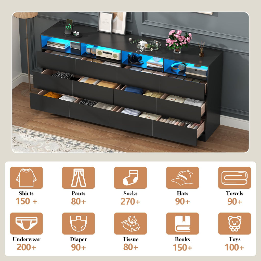 Black 12-Cell Divided Drawers Dresser with Charging Station Y5478