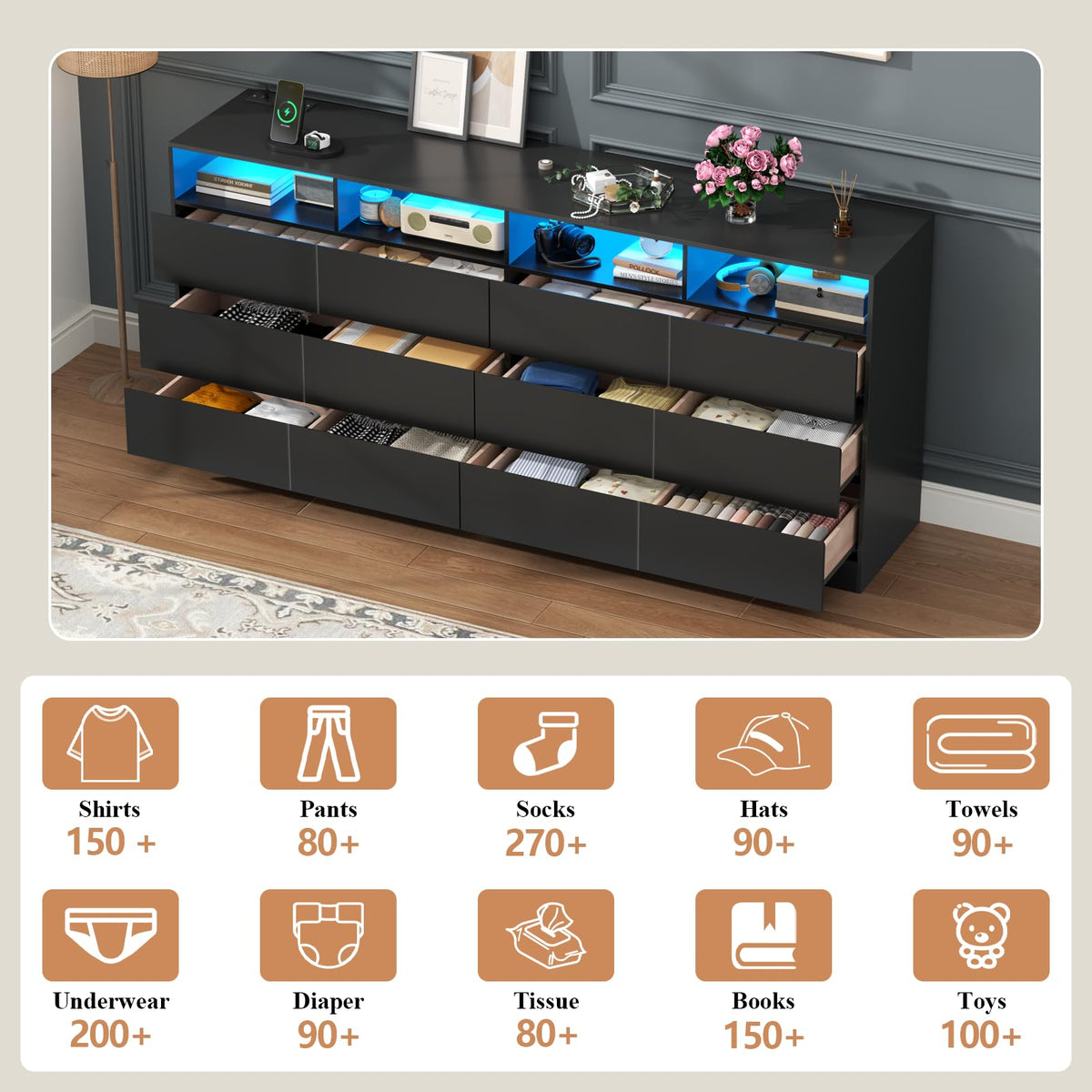 Black 12-Cell Divided Drawers Dresser with Charging Station Y5478