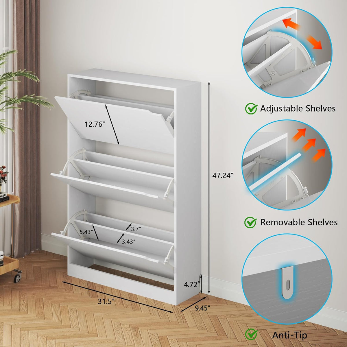 White 3 Flip Drawer Wood Shoe Cabinet T579