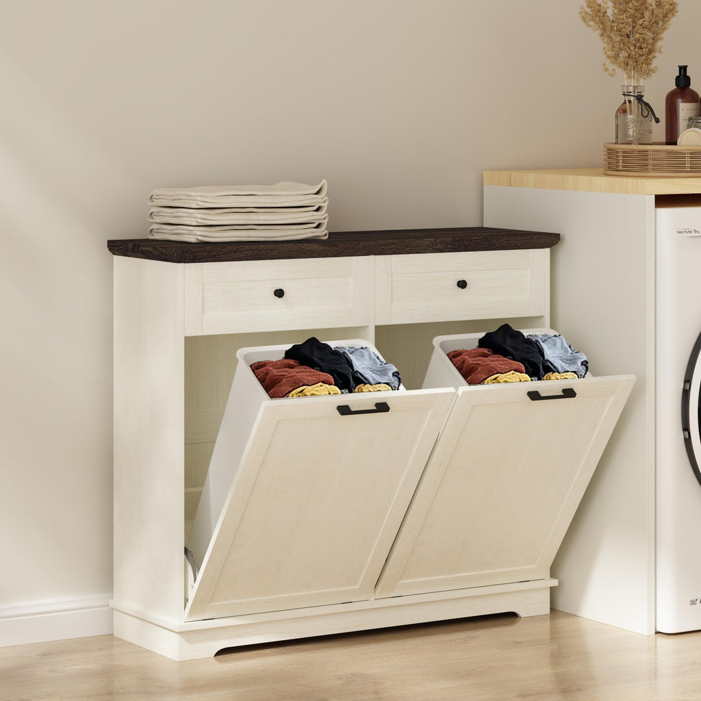 20 Gallon Double Tilt Out Wood Trash Can Cabinet with Drawer X214