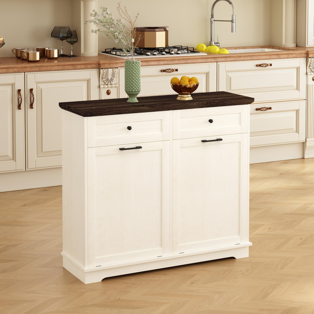 20 Gallon Double Tilt Out Wood Trash Can Cabinet with Drawer X214