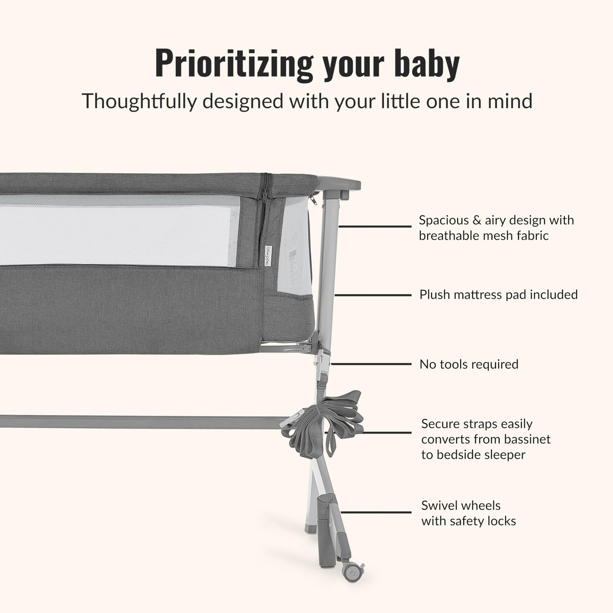 Grey Adjustable Height Bassinet & Bedside Sleeper X76381
