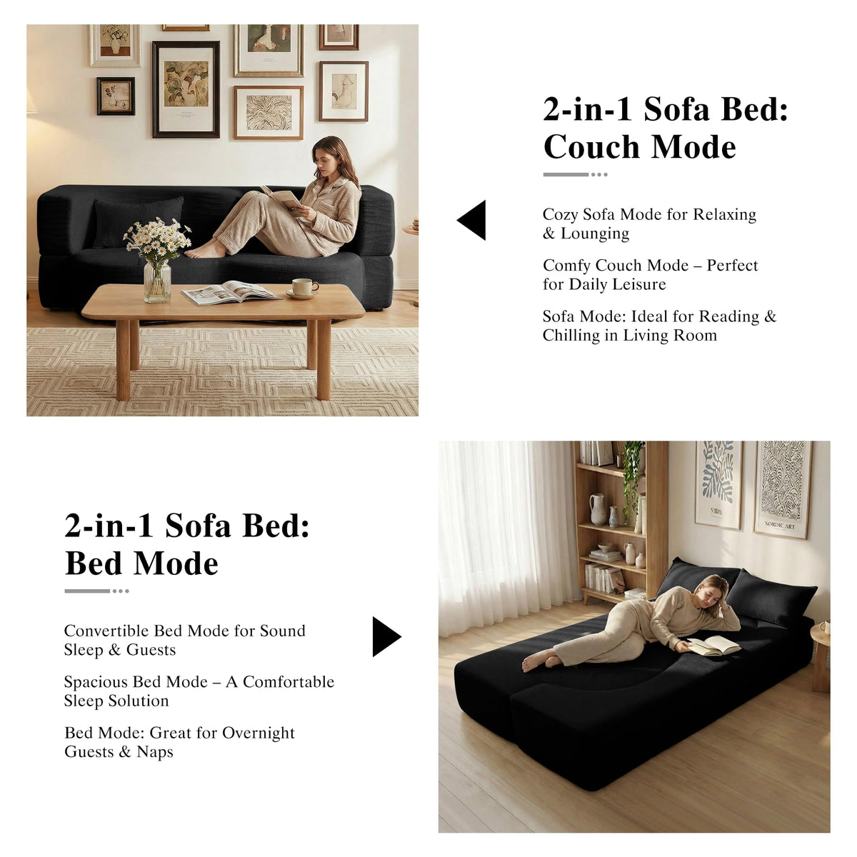 2-in-1 Convertible Sofa Bed 78 Inch Sleeper with Pillow Black J567770