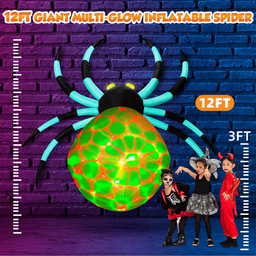 12Ft Halloween Inflatable Spider with 7-Color-Shifting Eyes T418