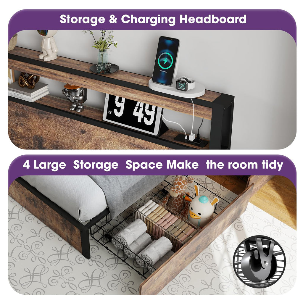 Queen Size Bed Frame with LED Light Headboard and 4 Storage Drawers D5941
