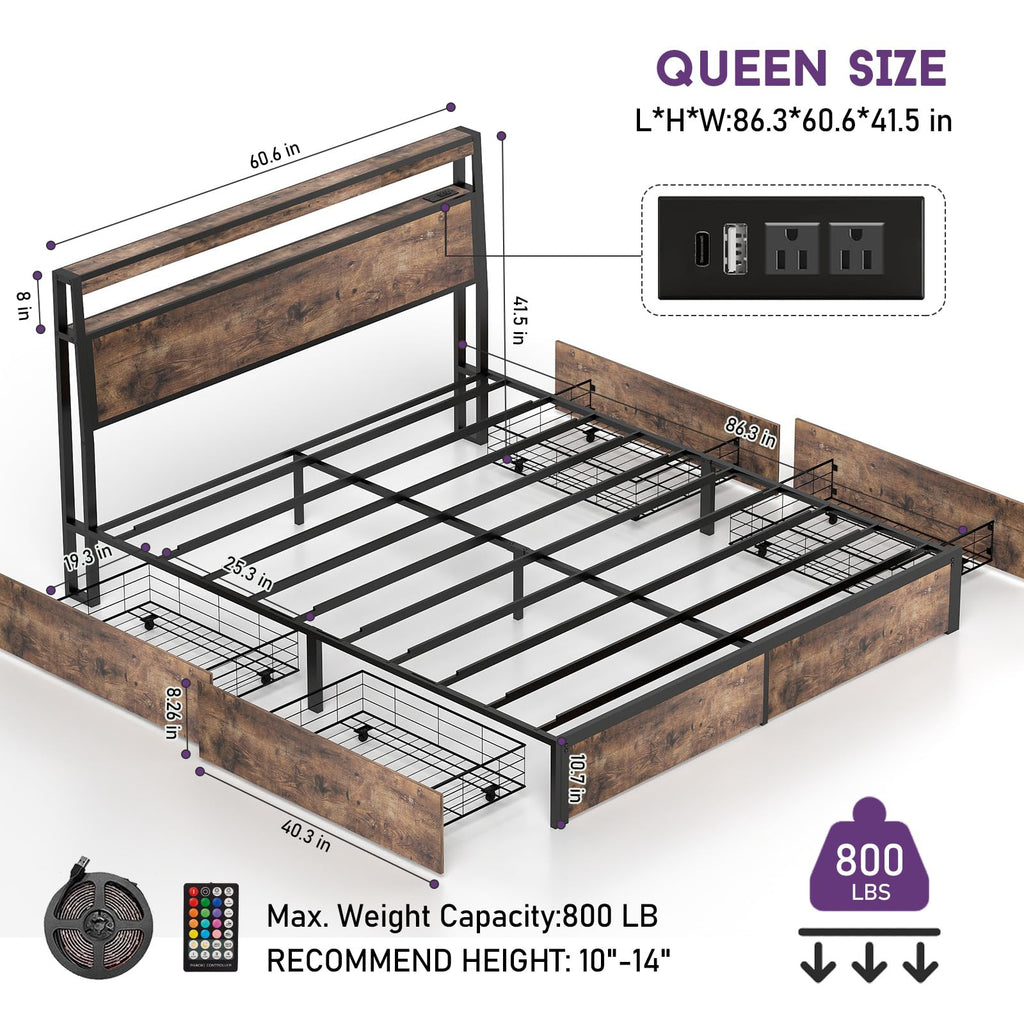 Queen Size Bed Frame with LED Light Headboard and 4 Storage Drawers D5941