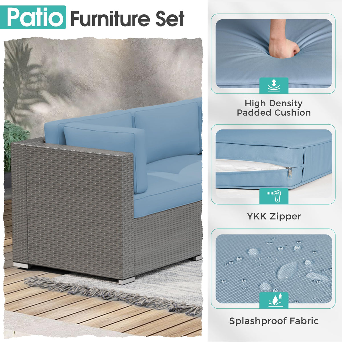 7 Piece Grey Wicker Rattan Patio Furniture Set with Glass Coffee Table F517751