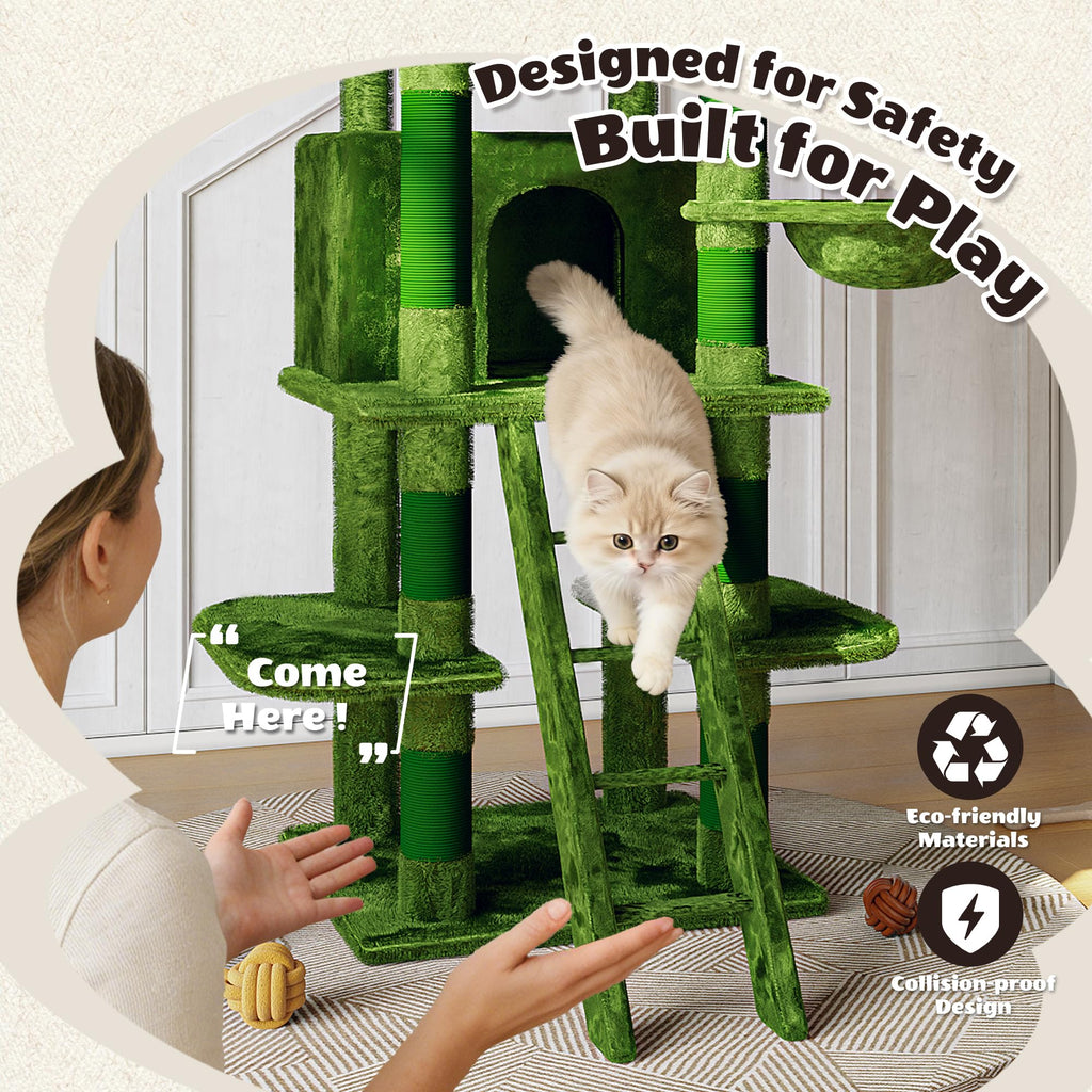 70.87" Green Multi-Level Cat Tree with Condos and Hammock F30502