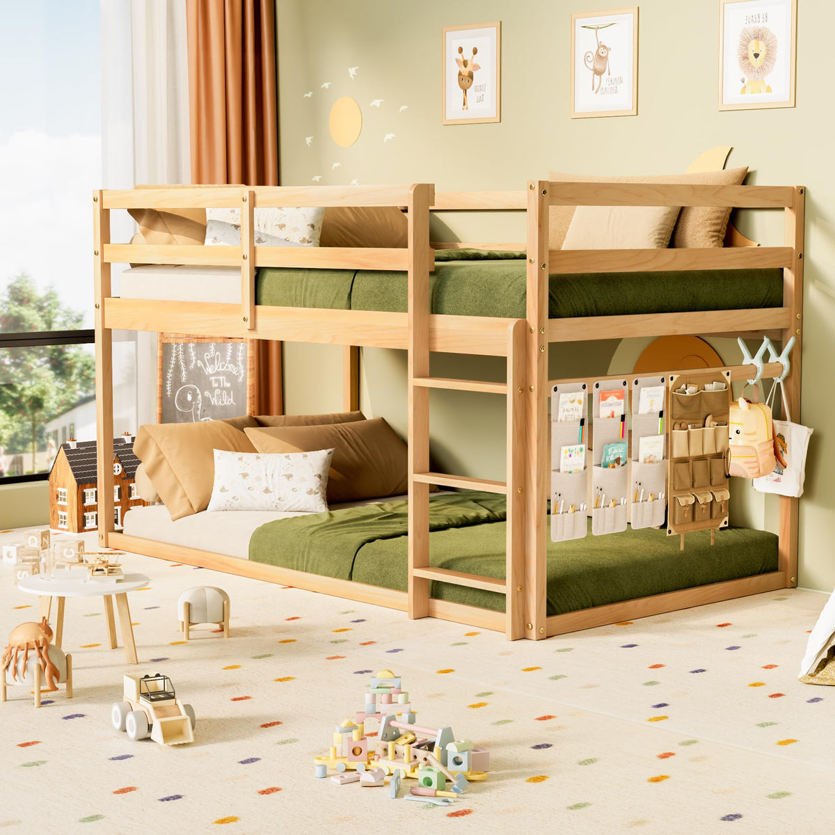 Twin Over Twin Low Bunk Bed with Ladder and Guardrails F621394